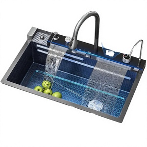 Producto en Tendencia: Grifo de Cocina Cascada de Acero Inoxidable Negro con Luz LED Inteligente y Lavavasos Integrado - Product Image 2