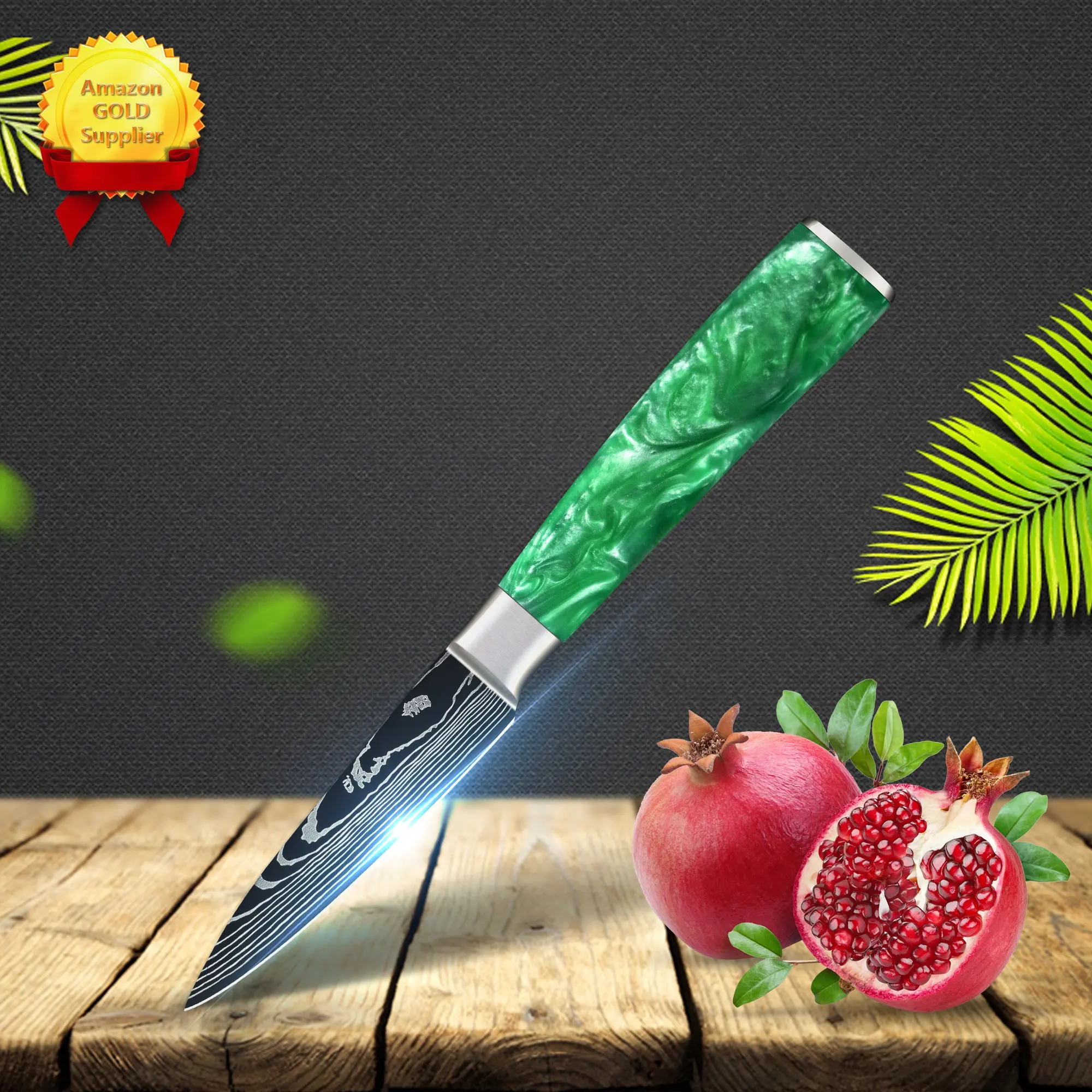 Jadeite Green Resin Handle 3 inch damascus knifes fruit knives kitchen paring peeling knife with free logo