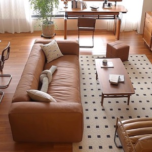 Divano Componibile Moderno Minimalista in Vera Pelle di Vacchetta Primo Strato Color Crema, Set Angolare in Spugna a Blocco Tofu per Uso Domestico - Product Image 3