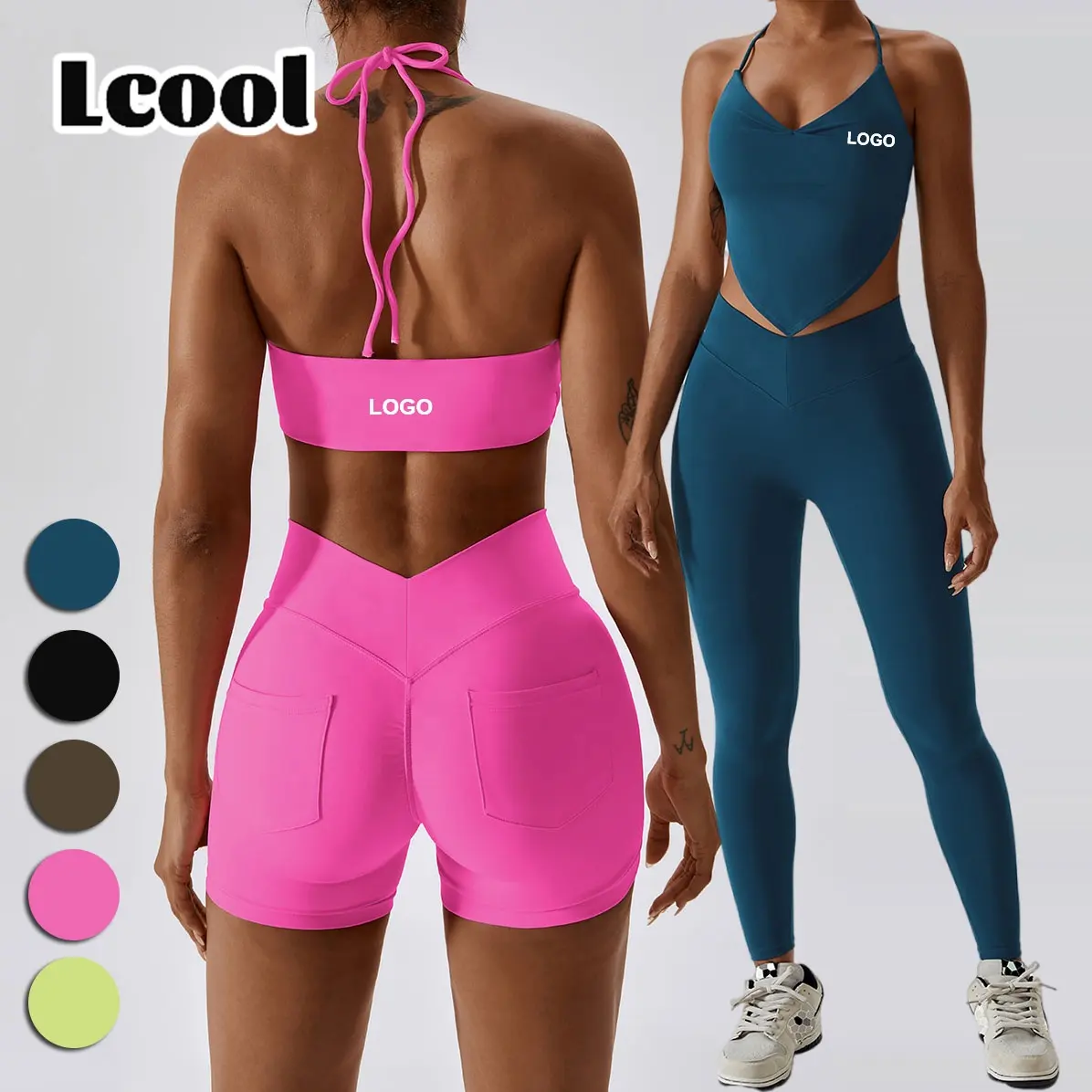 Lcool Women最高品質のスポーツフィットネスブラショーツポケット付きレギンス卸売フィットネスヨガウェア3ピースアクティブウェアセット