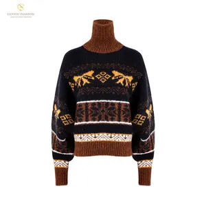Mohair Collection Ribbed High Collar Retro Pattern Women's Pullover Knitted Mohair Wool Sweater