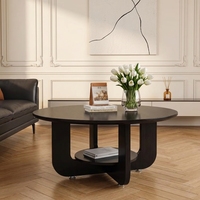 Table basse ronde en bois massif noir minimaliste moderne avec étagère de rangement inférieure, table centrale vintage pour salon
