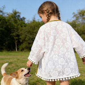 Robe kimono en dentelle blanche pour petite fille, manches courtes, avec pompons, pour bébé, tout-petit, enfant, cardigan en tricot, couleurs personnalisées - Product Image 2