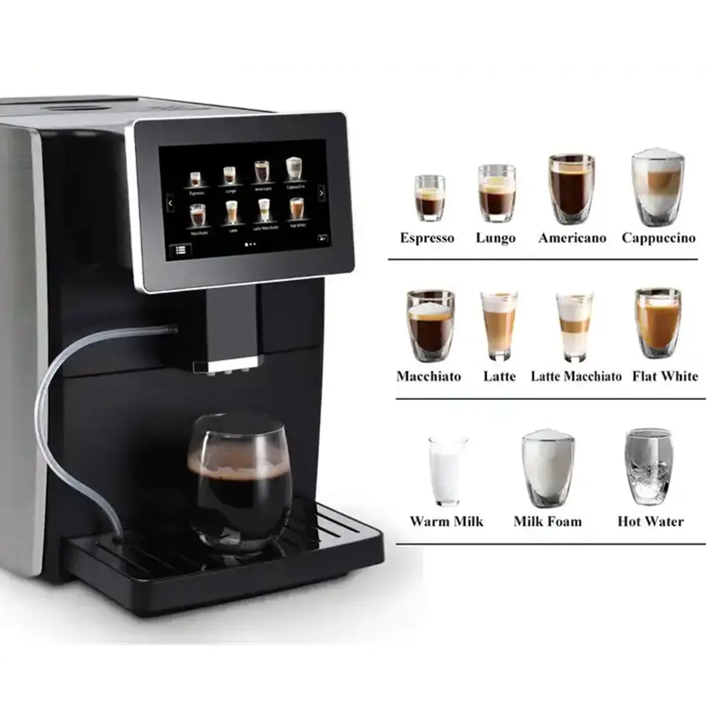 इलेक्ट्रिक कॉफी मेकर बेस्ट बिजनेस टच स्क्रीन ऑटोमैटिक बीन टू कप कॉफी मशीन मिल्क टैंक के साथ