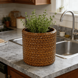 Maceta de Cerámica Estilo Americano, Color Marrón Glaseado, Textura Tejida, Decorativa para Interiores/Exteriores, Jardín y Patio - Product Image 2
