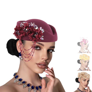 Chapeau rétro britannique en PU pour femme, style Derby, avec strass et pompon, béret souple, casquette d'hôtesse de l'air - Product Image 5