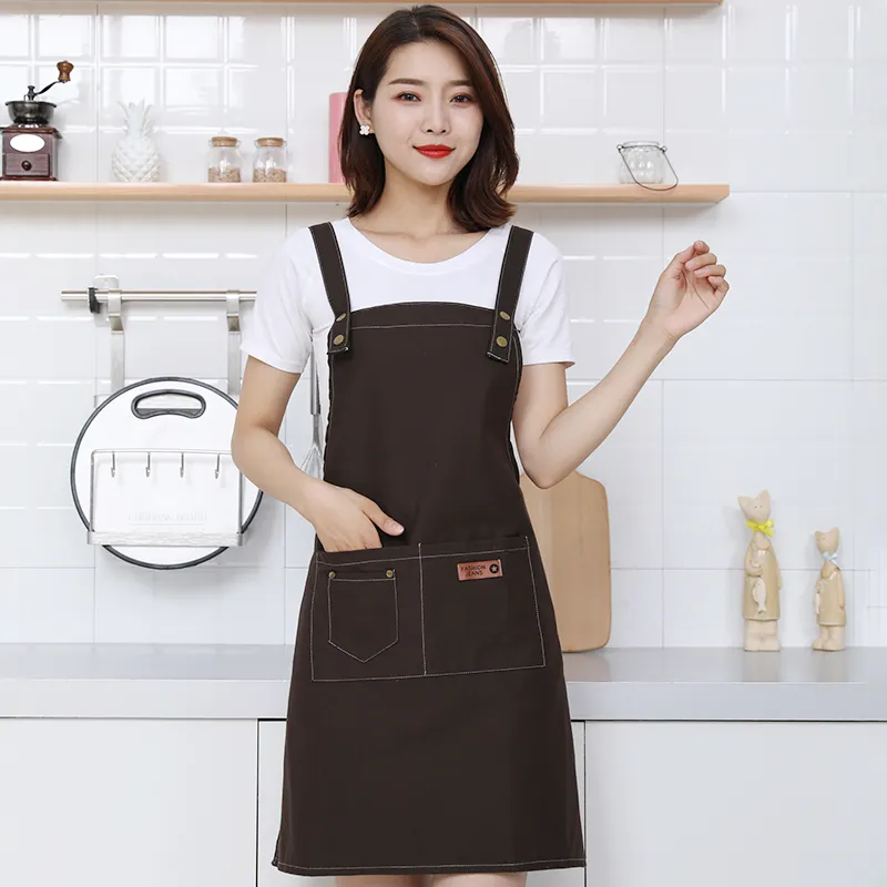 Cozinha Avental Cozinhar Multi Bolso Pinafore Lona 100% Algodão Jardim Correias De Couro Logotipo Personalizado Salão De Café Avental