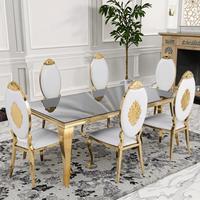 Chaise de banquet de mariage ovale de luxe en acier inoxydable doré, avec dossier sculpté et rembourrage blanc