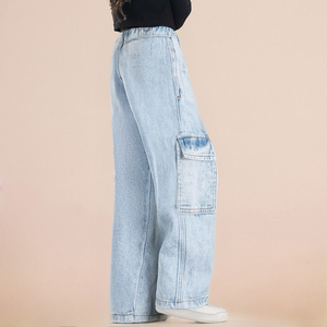 <span class=keywords><strong>Jeans</strong></span> Cargo a Gamba Larga per Ragazze, Pantaloni in Denim Morbido con Vita Elastica, Stile Vintage Casual per Bambini e Adolescenti - Product Image 2