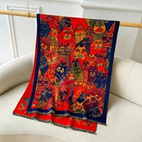 Selendang Rajut Jacquard Gaya Artistik Vintage Motif Kucing, Besar, Bolak-Balik, Berumbai, Hangat, Cocok untuk Musim Gugur dan Dingin, Ruangan Ber-AC, Wanita