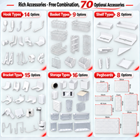 Kit d'accessoires pour panneau perforé, sans perçage, blanc, 10 crochets, 2 bacs, support de rangement mural pour la maison, le bureau ou le bureau à domicile.