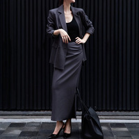 Ensemble deux pièces Bettergirl 2026 Nouvelle Collection : Blazer à revers et manches longues croisé et Jupe longue fendue mi-longue