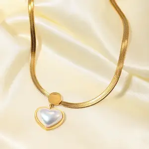 18K gold stainless steel flat snake chain heart-shaped pearl pendant necklace jewelry women's style acero de inoxidable corazon