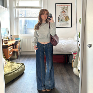 Jeans Retro de Parches para Mujer - Corte de Pierna Ancha, Cintura Alta, Estilo Bootcut, Holgados, Elásticos, Largos hasta el Suelo para Otoño e Invierno - Product Image 6