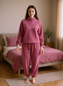 Pigiama in pile da donna Calicaina, set con maniche lunghe e cerniera frontale, tinta unita, morbido, invernale, casual, vestibilità ampia, lunghezza intera - Product Image 2