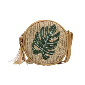 Fashion pineapple embroidery Women Straw Weave Handbag leaves embroidery Shoulder Satchel bag