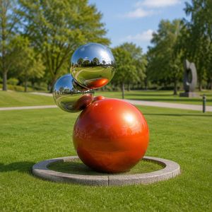 Escultura Esférica de Globo Rojo Brillante y Acero Inoxidable Pulido a Espejo, Decoración Artística para Jardín Exterior, Plaza, Parque, Centro Comercial y Paisajismo - Product Image 4