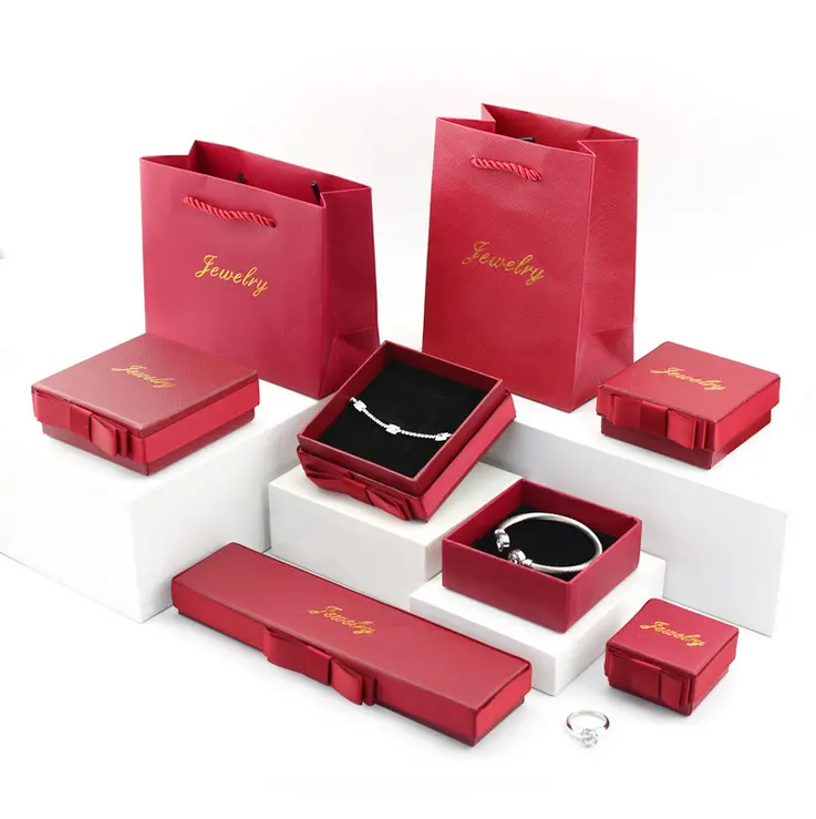 빈티지 와인 레드 보우 보석 상자 럭셔리 목걸이 반지 선물 상자 도매 사용자 정의 종이 보석 상자 로고 포장