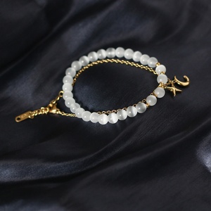 Nueva Pulsera de Acero Inoxidable con Dijes de Estrella y Luna de Piedra Natural Ojo de Gato Blanco para Mujer - Product Image 1
