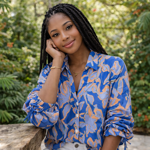 <span class=keywords><strong>Camicetta</strong></span> Oversize da Donna Personalizzata in Lino Blu e <span class=keywords><strong>Arancione</strong></span> con Stampa Astratta, Polsini con Laccetti e Chiusura Abbottonata - Top Moda - Product Image 2