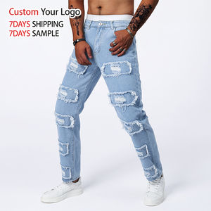 Jeans de Mezclilla Azul Elásticos de Alta Calidad, Corte Recto, Ajustados, Desgastados, de Cintura Media, Casuales y Personalizados para Hombre - Product Image 5