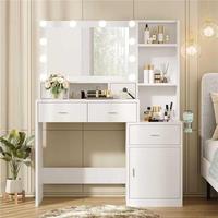 Miroir blanc professionnel moderne avec 3 modes d'éclairage, ensemble coiffeuse et chaise pour chambre à coucher