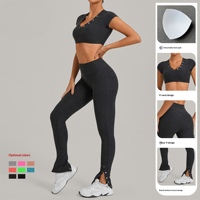 Ensemble de yoga personnalisé respirant et uni, haut court à col en V et pantalon évasé taille haute, 2 pièces, contrôle du ventre, pour entraînement et fitness