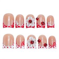 Faux ongles à presser Sweet Garden Ladybug Daisy, faits à la main, rouge et blanc, style français, courts, carrés, couvrance totale, pour filles