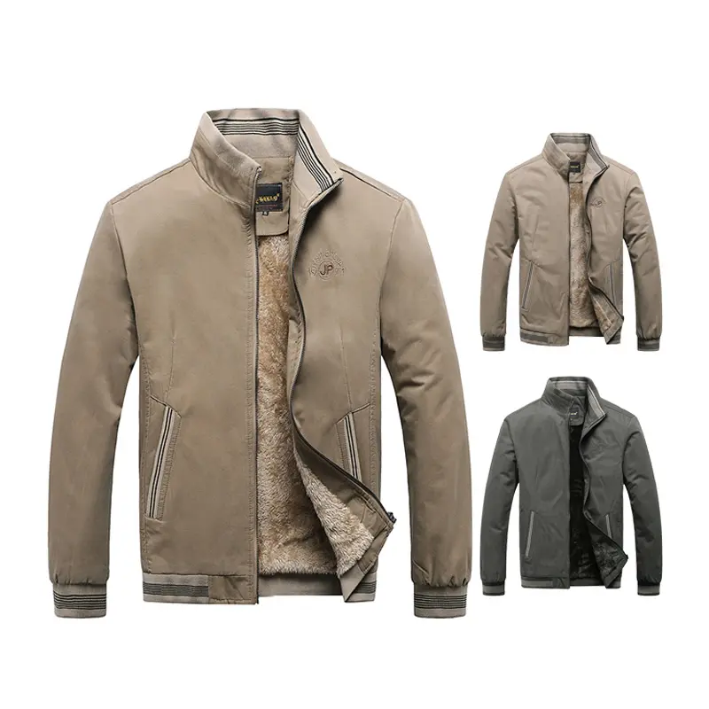 High Quality Men's Winter Stand Collar Full Zip Closure Fleece Lining Leisure Jacket Mature Man Cotton Jacket