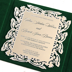Folio drôle personnalisé velours vert foncé couverture rigide <span class=keywords><strong>faire</strong></span>-<span class=keywords><strong>part</strong></span> de <span class=keywords><strong>mariage</strong></span> fait à la main de luxe argent miroir cartes d'invitation - Product Image 5