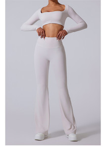CY002 Pantalones Acampanados de Cintura Alta para <span class=keywords><strong>Mujer</strong></span>, Top Deportivo de Cuello Cuadrado, Conjunto de Yoga Sexy de Manga Larga - Product Image 4