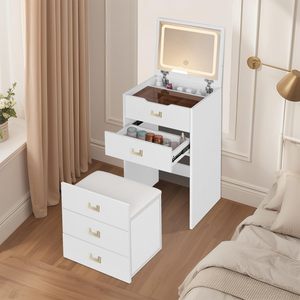 Ensemble <span class=keywords><strong>coiffeuse</strong></span> moderne blanche personnalisée avec <span class=keywords><strong>miroir</strong></span> <span class=keywords><strong>LED</strong></span> rabattable et tiroirs de rangement pour chambre et appartement - Product Image 1