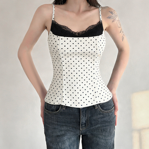 Y2K Sweet Edgy Polka Dot Tank Top - Lace Panel Color Block <b>Spaghetti</b> <b>Strap</b> Camisole - Product Image 3