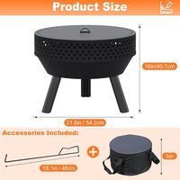 Barbecue rond moderne noir en bois pour extérieur avec grille de cuisson, couvercle, pieds, pique-foyer, sac étanche pour camping, jardin et loisirs