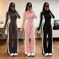 Ensemble de survêtement en coton et élasthanne pour femme, veste zippée intégrale et pantalon large, style sportif color block, vente en gros et en vrac