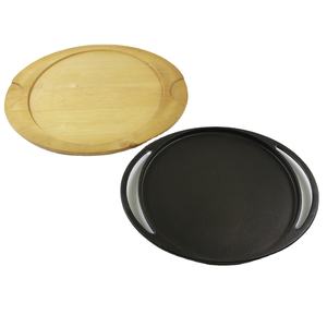 Durable Pre-seasoned Cast Iron Round <strong>Pan</strong> with Pine Tray Ideal for <strong>Grilling</strong> Serving Baking <strong>Pan</strong> - Product Image 4