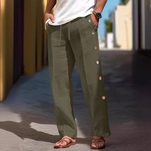 Men's Solid Color Breasted Linen Breathable Loose Beach Casual Pants