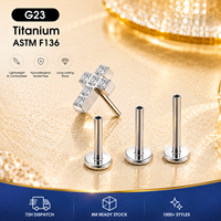 Clou d'oreille en titane ASTM F136 sans filetage, avec zircon pavé, hypoallergénique et sans nickel, pour piercing du lobe d'oreille et du cartilage