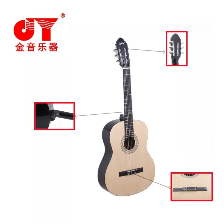 चीन के सर्वश्रेष्ठ ऑनलाइन विक्रेता लोकप्रिय गिटार संगीत वाद्ययंत्र नायलॉन स्ट्रिंग कस्टम लोगो लकड़ी शास्त्रीय गिटार खिलाड़ियों के लिए
