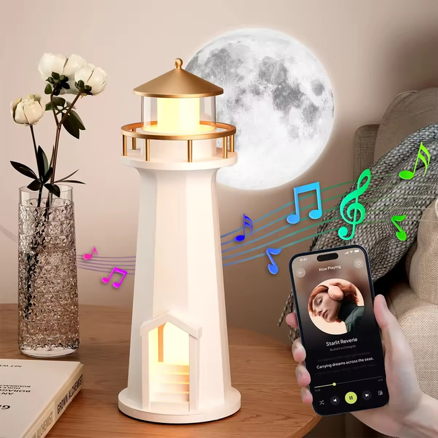 Smart APP Control Moon Projector Lighthouse Speaker 5W Wireless Charger RGB Night Light Music Rhythm