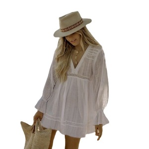 Top a Maniche Lunghe con Gonna Corta Abbinata, Abito da <span class=keywords><strong>Spiaggia</strong></span> per Vacanze, Copricostume Bianco in Cotone - Product Image 4