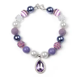 Teardrop Amethyst Pendant Chunky Bubblegum Acrylic Plastic bead Necklace For Kids