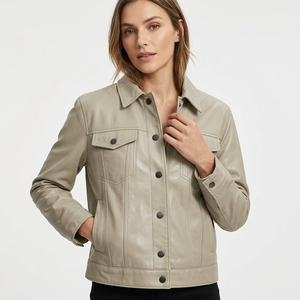 Blouson de moto en cuir pour femme, style denim, en peau de mouton, teint uni, respirant, avec boutons sur le devant et ceinture amovible, pour l'hiver - Product Image 3