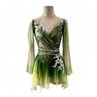 Robe de patinage artistique à col en V, manches longues en maille, dégradé vert, avec anneau de strass blanc au dos, pour compétition et performance