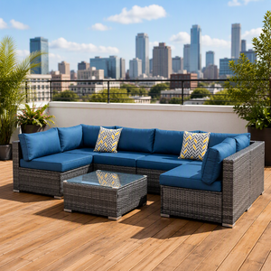7 PCS <strong>Rattan</strong> Outdoor Sofa Set Grey Nordic <strong>Garden</strong> Sofas L Shape <strong>Rattan</strong> Wicker <strong>Corner</strong> Sofa Set <strong>Furniture</strong> for Villa/ Hotel/ Outdoor - Product Image 2