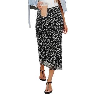 <span class=keywords><strong>Falda</strong></span> de otoño para mujer, <span class=keywords><strong>falda</strong></span> midi de cintura alta elástica con encaje floral y gasa - Product Image 5