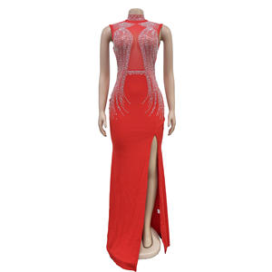 STOCK 3 colores sin mangas elegante vestido de mujer Sheer Mesh Rhinestone Maxi vestido Formal noche Prom vestido de baile vestidos de fiesta - Product Image 3
