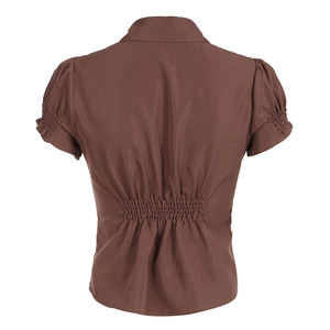 Blusa Casual con Cintura Fruncida y Efecto Adelgazante, Color Liso, Botones Delanteros, Manga Corta Abullonada, Cuello Solapa, Ecológica - Product Image 6
