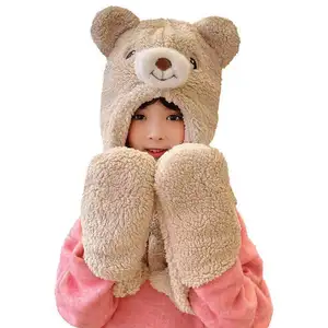 Anak-anak Perempuan Musim Dingin Topi Syal Sarung Tangan Tiga Potong Set Lucu Kartun Beruang Mewah Topi Katun Tahan Angin Hangat