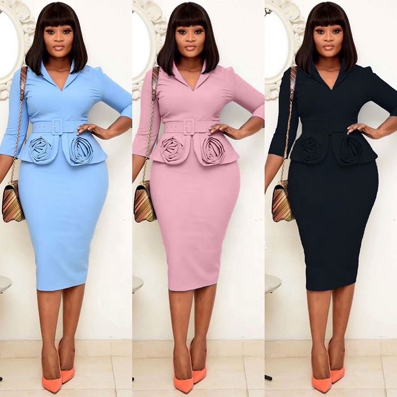 Wholesale Womens Plus ize Career Clothes Work Dresses Pink Office Wear European African Clothing Ankara hort Flare Gowns Peplum Dress,2 Pieces Wholesale Womens Plus ize Career Clothes Work Dresses Pink Office Wear European African Clothing Ankara hort Flare Gowns Peplum Dress,2 Pieces